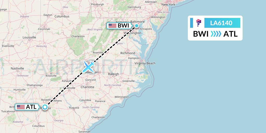 LA6140 LAN Airlines Flight Map: Baltimore to Atlanta