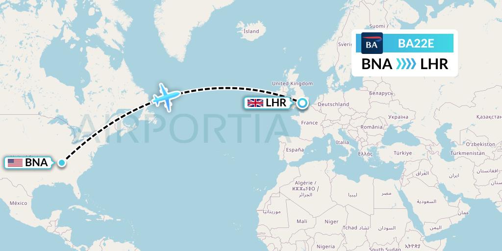 BA22E British Airways Flight Map: Nashville to London