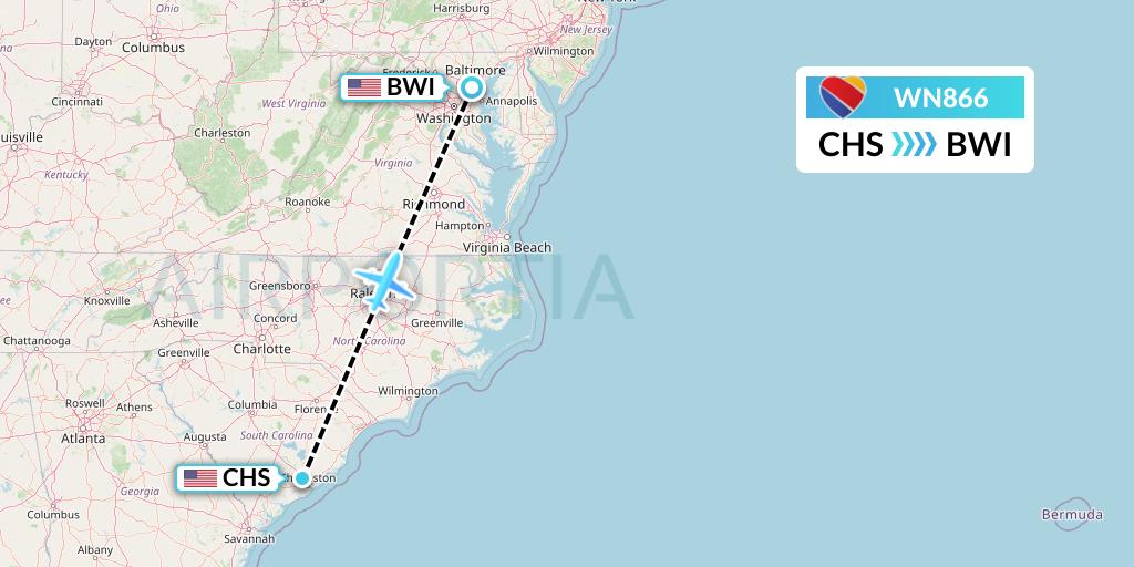 WN866 Southwest Airlines Flight Map: Charleston to Baltimore