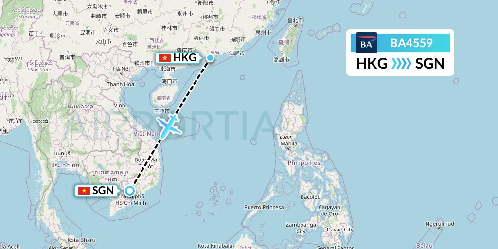 BA4559 British Airways Flight Map: Hong Kong to Ho Chi Minh City