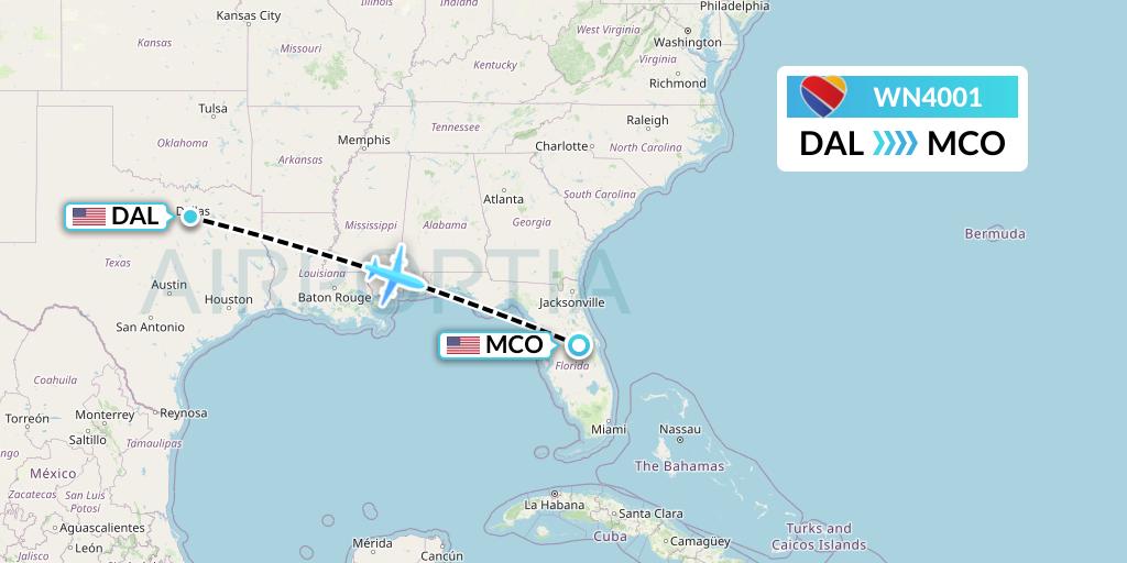 WN4001 Southwest Airlines Flight Map: Dallas to Orlando