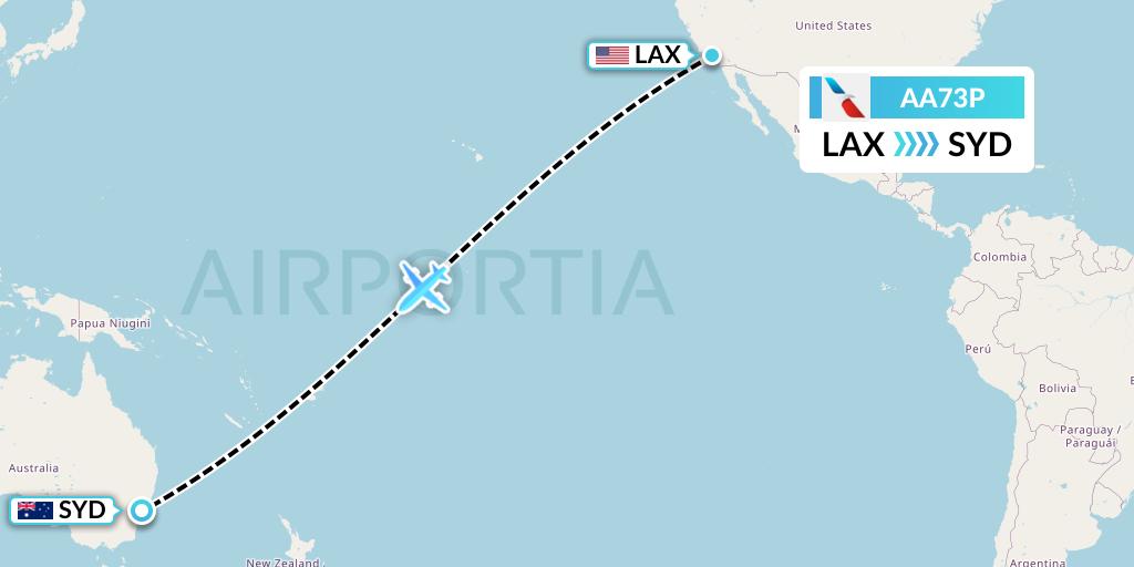 AA73P American Airlines Flight Map: Los Angeles to Sydney