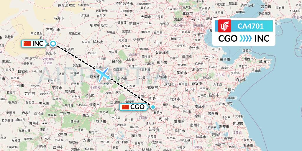 CA4701 Air China Flight Map: Zhengzhou to Yinchuan