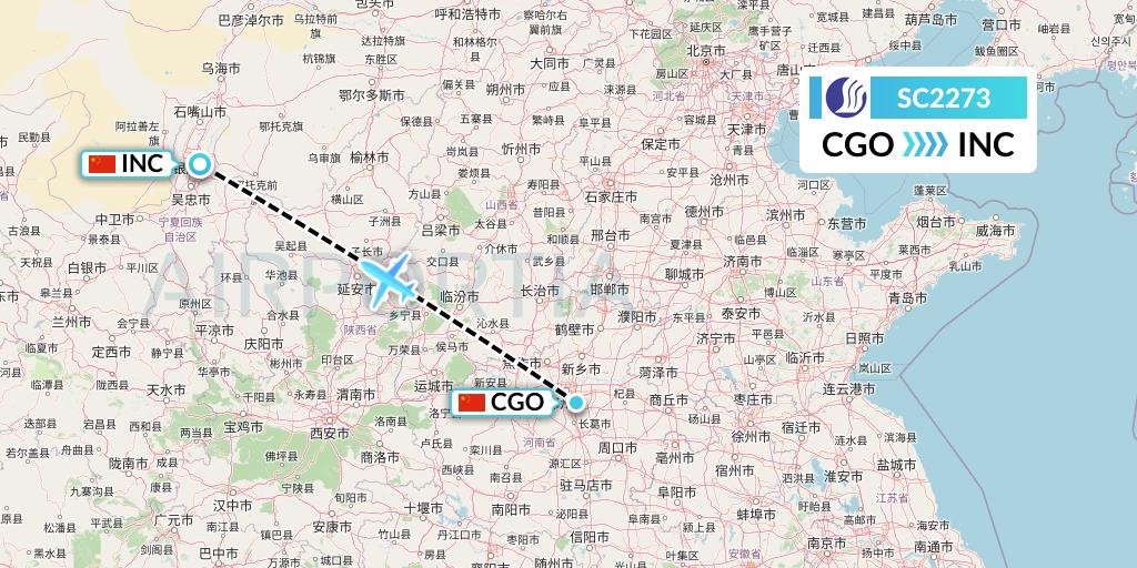 SC2273 Shandong Airlines Flight Map: Zhengzhou to Yinchuan