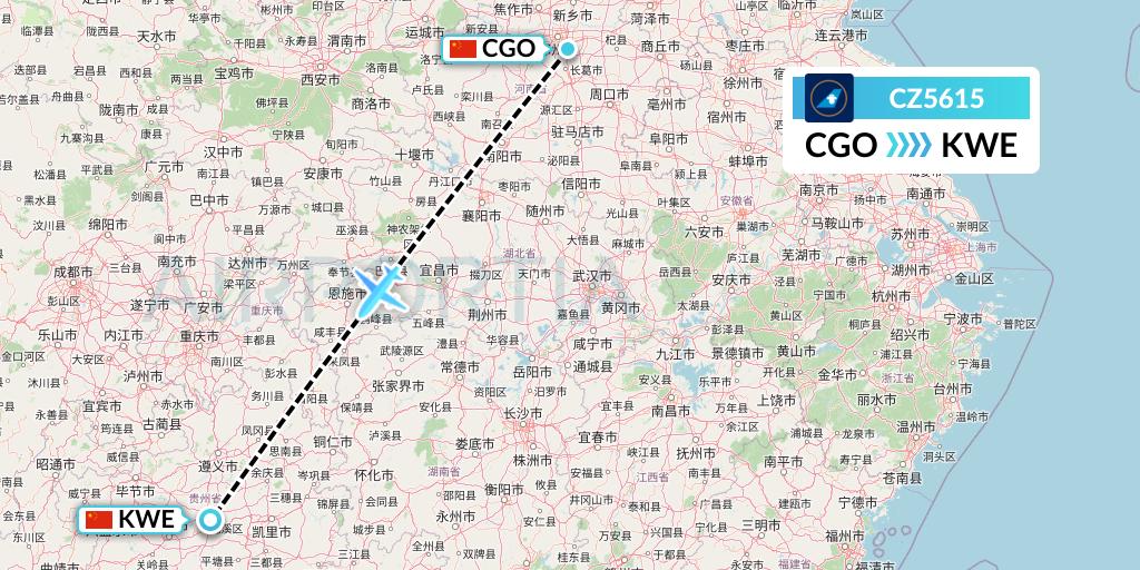 CZ5615 China Southern Airlines Flight Map: Zhengzhou to Guiyang