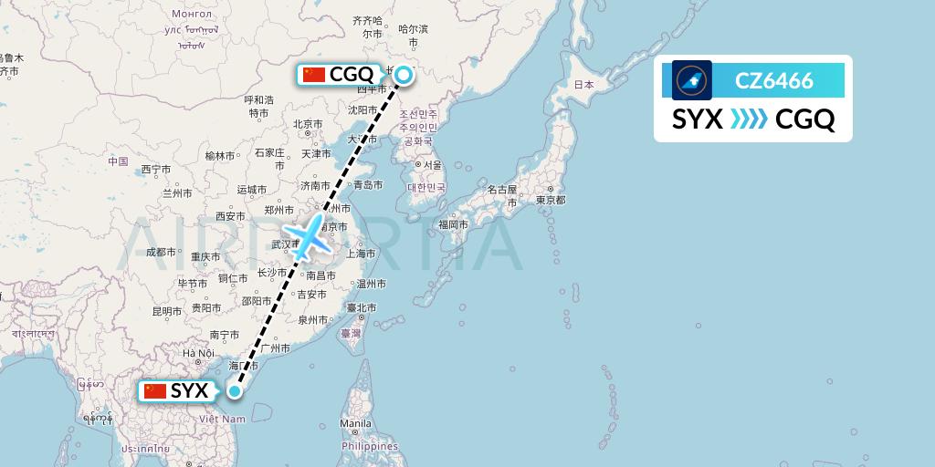 CZ6466 China Southern Airlines Flight Map: Sanya to Changchun
