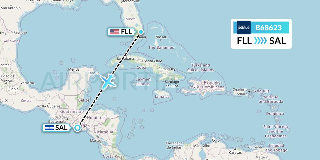B68623 JetBlue Airways Flight Map: Fort Lauderdale to San Salvador