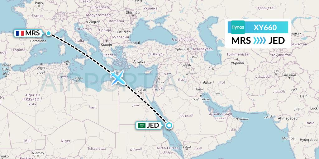XY660 Flynas Flight Map: Marseille to Jeddah