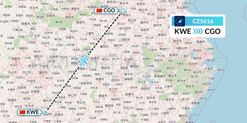 CZ5616 China Southern Airlines Flight Map: Guiyang to Zhengzhou