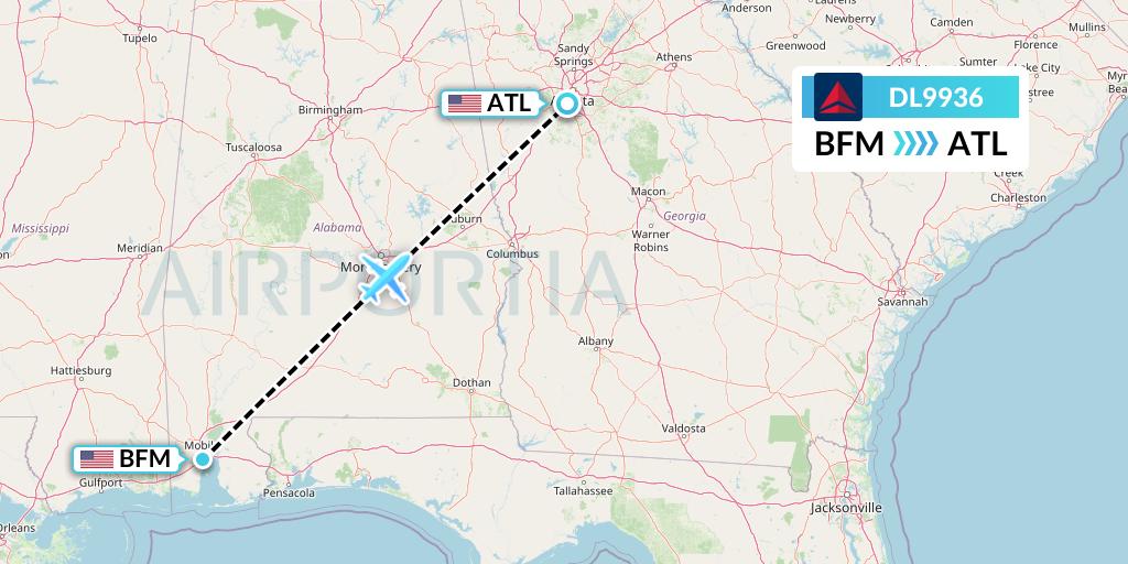 DL9936 Delta Air Lines Flight Map: Mobile to Atlanta