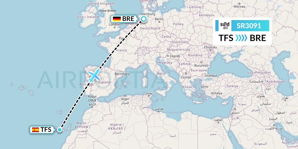SR3091 SundAir Flight Map: Tenerife to Bremen