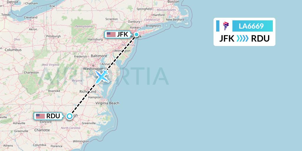 LA6669 LAN Airlines Flight Map: New York to Raleigh-Durham