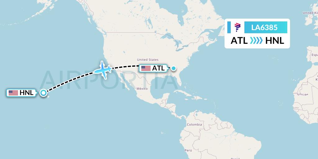 LA6385 LAN Airlines Flight Map: Atlanta to Honolulu