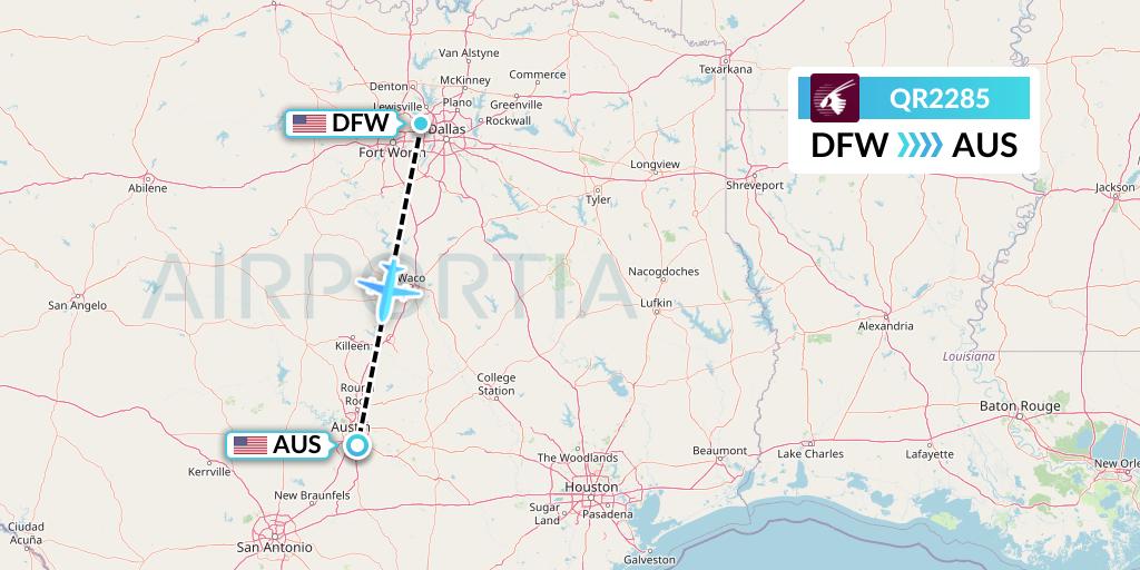 QR2285 Qatar Airways Flight Map: Dallas to Austin