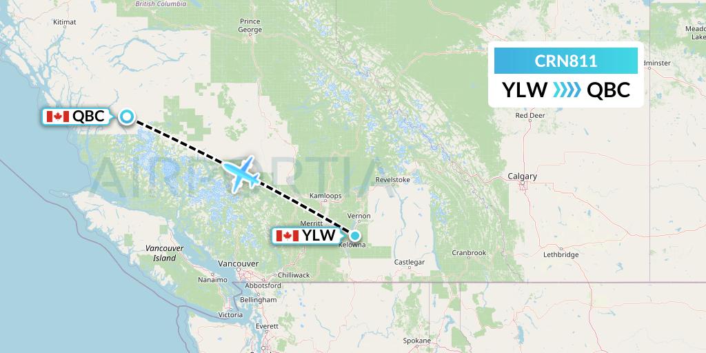 CRN811 Aerocaribbean Flight Map: Kelowna to Bella Coola