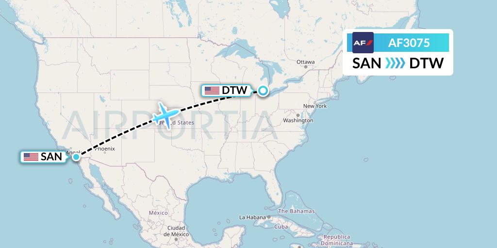 AF3075 Air France Flight Map: San Diego to Detroit