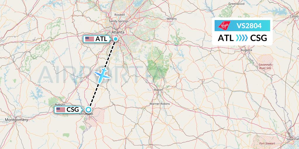 VS2804 Virgin Atlantic Airways Flight Map: Atlanta to Columbus