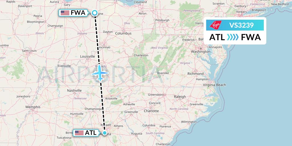 VS3239 Virgin Atlantic Airways Flight Map: Atlanta to Fort Wayne