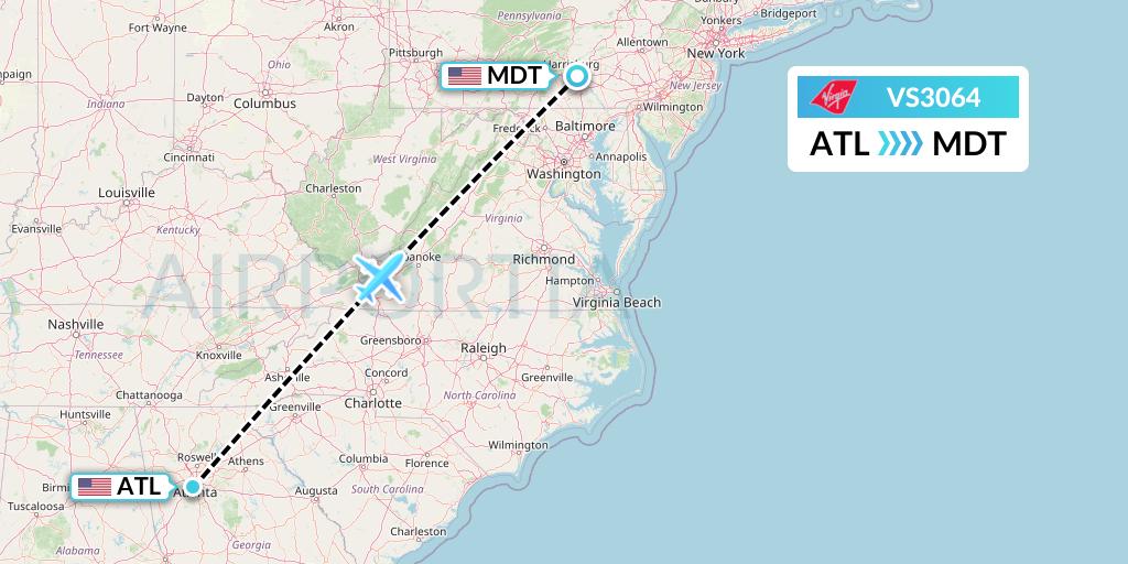 VS3064 Virgin Atlantic Airways Flight Map: Atlanta to Harrisburg
