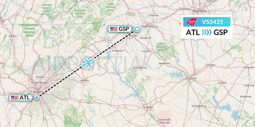 VS5425 Virgin Atlantic Airways Flight Map: Atlanta to Greenville-Spartanburg