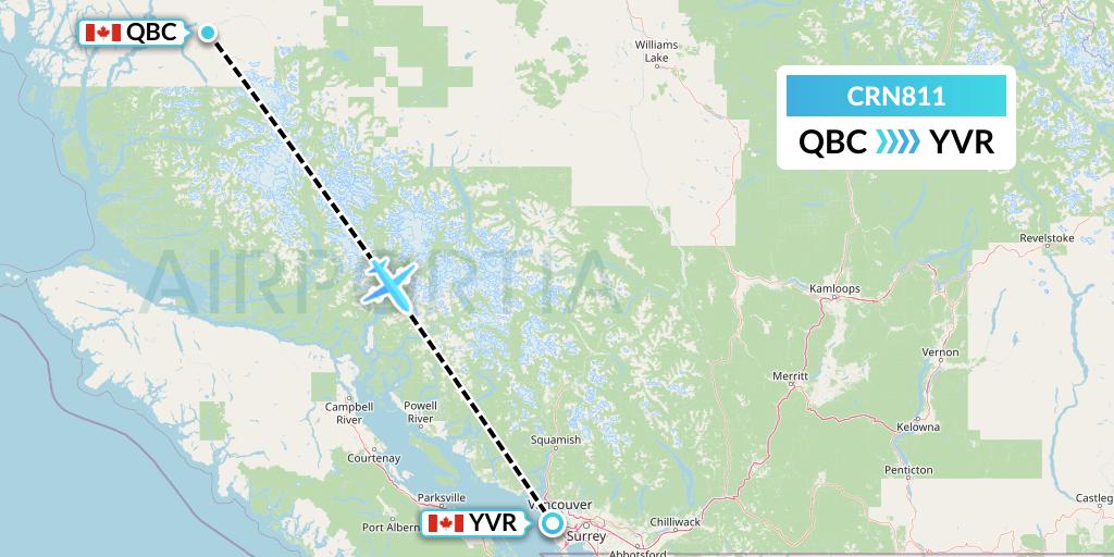 CRN811 Aerocaribbean Flight Map: Bella Coola to Vancouver