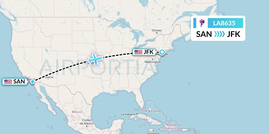 LA8635 LAN Airlines Flight Map: San Diego to New York