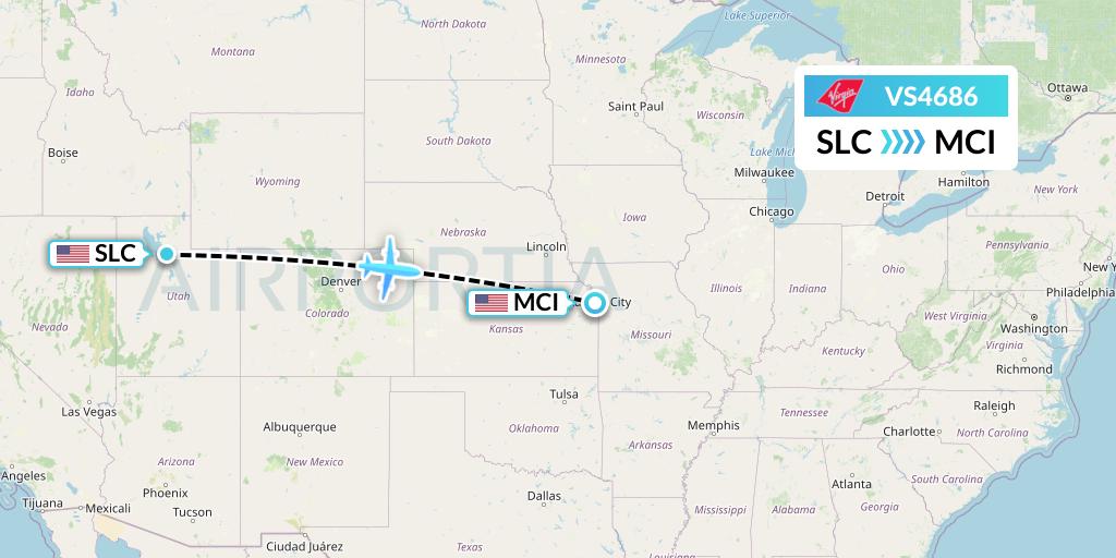 VS4686 Virgin Atlantic Airways Flight Map: Salt Lake City to Kansas City