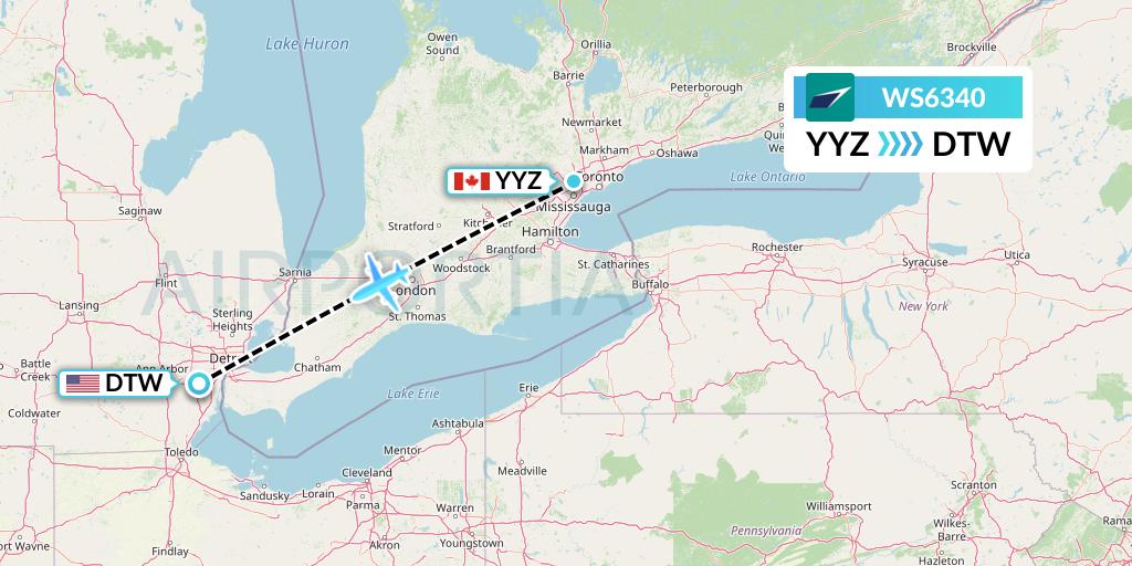 WS6340 WestJet Flight Map: Toronto to Detroit