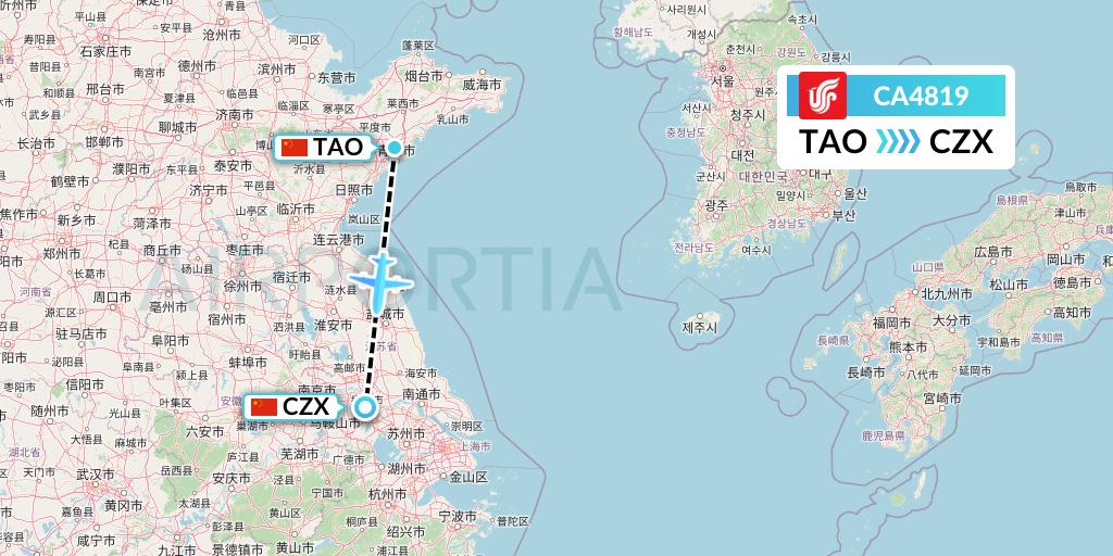 CA4819 Air China Flight Map: Qingdao to Changzhou