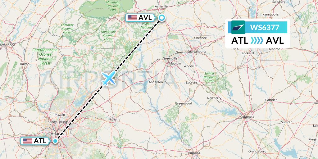 WS6377 WestJet Flight Map: Atlanta to Asheville
