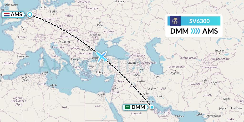 SV6300 Saudi Arabian Airlines Flight Map: Dammam to Amsterdam