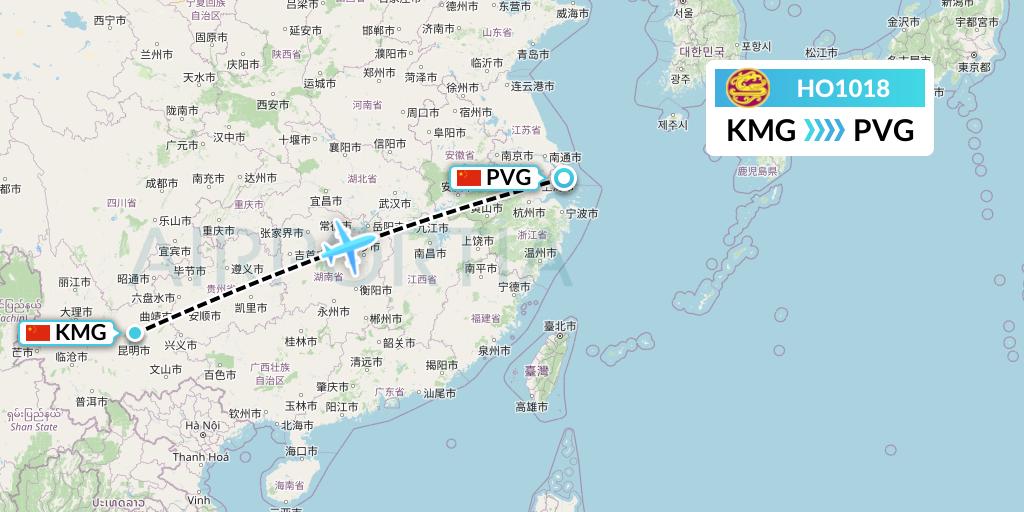 HO1018 Juneyao Airlines Flight Map: Kunming to Shanghai