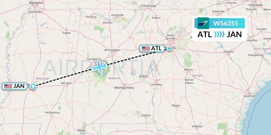 WS6355 WestJet Flight Map: Atlanta to Jackson