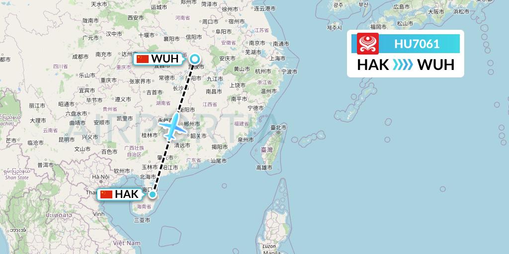 HU7061 Hainan Airlines Flight Map: Haikou to Wuhan
