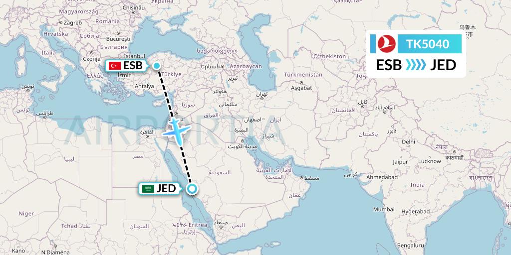 TK5040 Turkish Airlines Flight Map: Ankara to Jeddah
