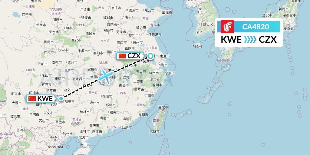 CA4820 Air China Flight Map: Guiyang to Changzhou