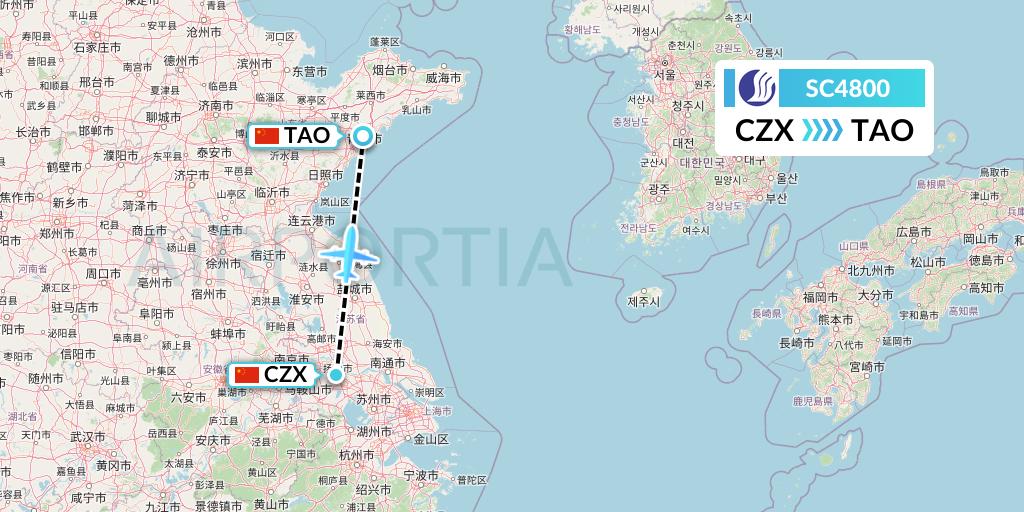 SC4800 Shandong Airlines Flight Map: Changzhou to Qingdao