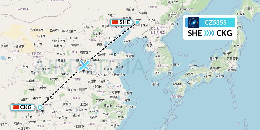 CZ5355 China Southern Airlines Flight Map: Shenyang to Chongqing