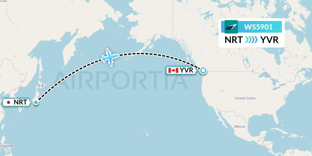WS5901 WestJet Flight Map: Tokyo to Vancouver