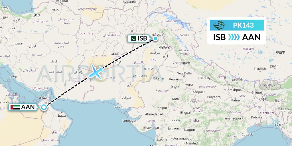 PK143 Pakistan International Airlines Flight Map: Islamabad to Al Ain