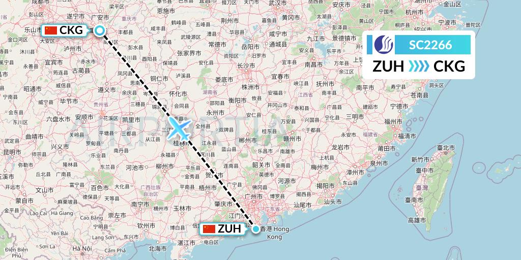 SC2266 Shandong Airlines Flight Map: Zhuhai to Chongqing