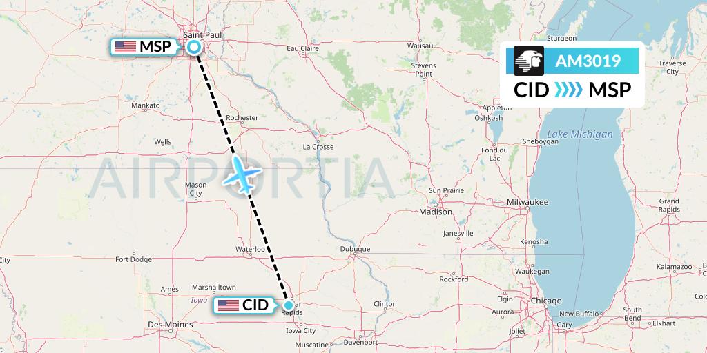 AM3019 Aeromexico Flight Map: Cedar Rapids to Minneapolis