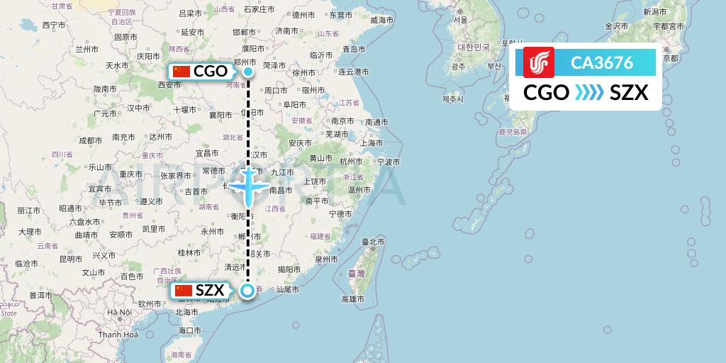 CA3676 Air China Flight Map: Zhengzhou to Shenzhen