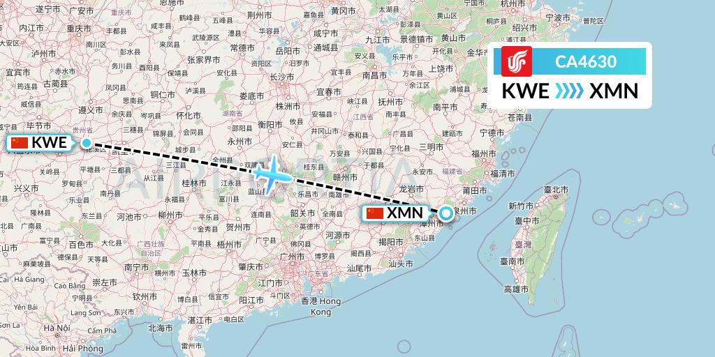 CA4630 Air China Flight Map: Guiyang to Xiamen