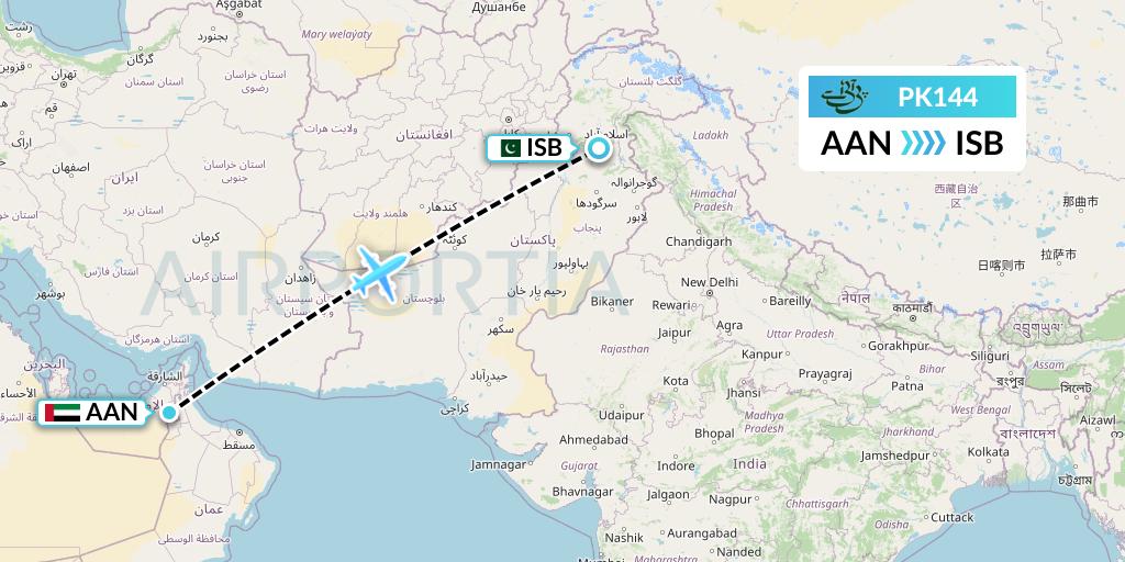 PK144 Pakistan International Airlines Flight Map: Al Ain to Islamabad