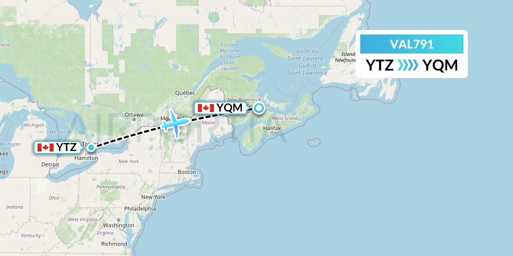 VAL791 Voyageur Airlines Flight Map: Toronto to Moncton