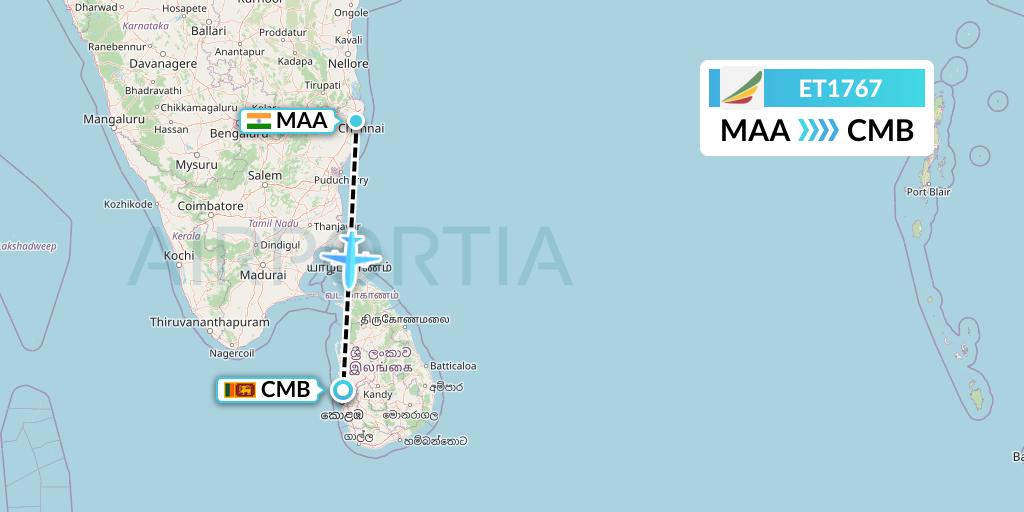 ET1767 Ethiopian Airlines Flight Map: Chennai to Colombo