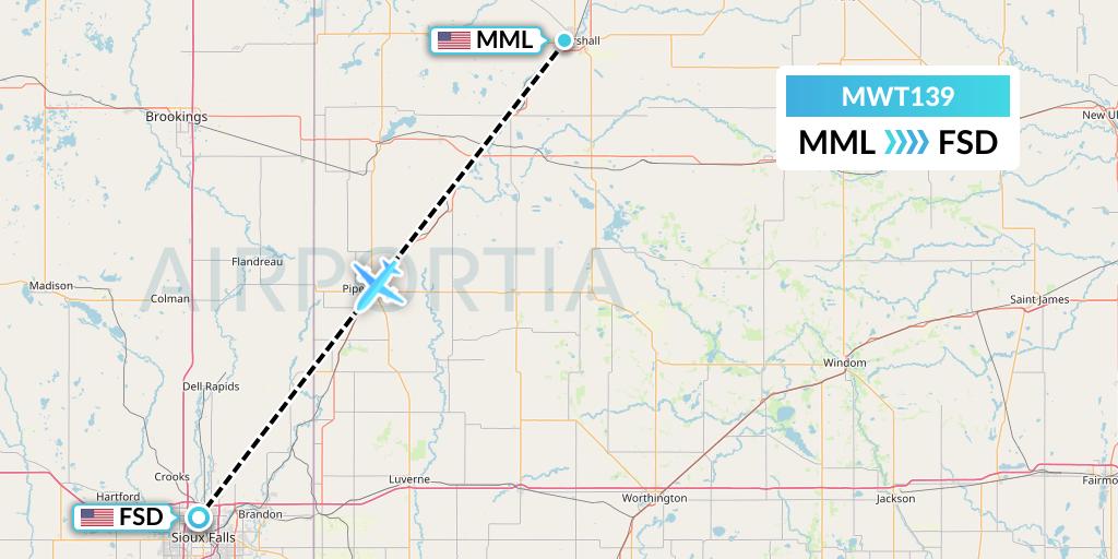 MWT139 Midwest Aviation Division Flight Map: Marshall to Sioux Falls