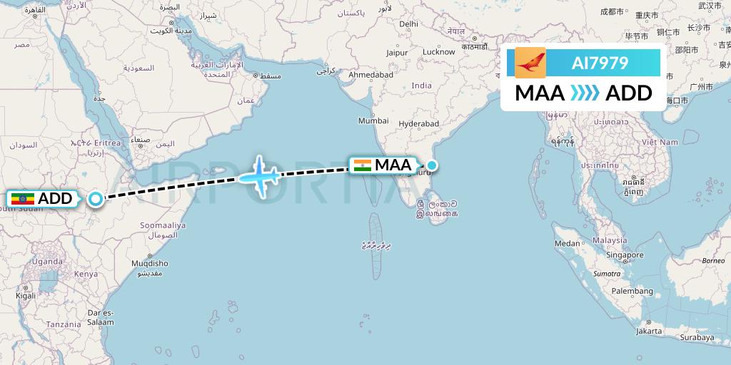 AI7979 Air India Flight Map: Chennai to Addis Ababa