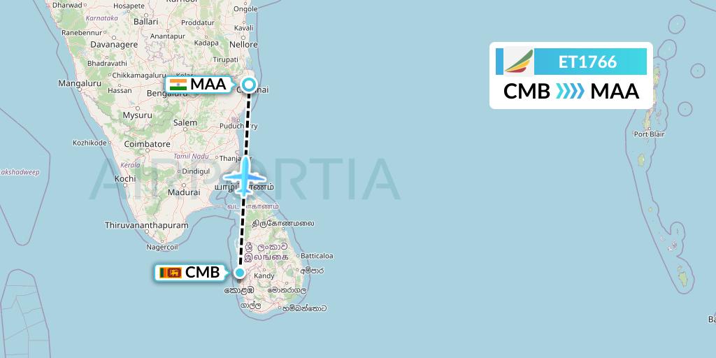 ET1766 Ethiopian Airlines Flight Map: Colombo to Chennai